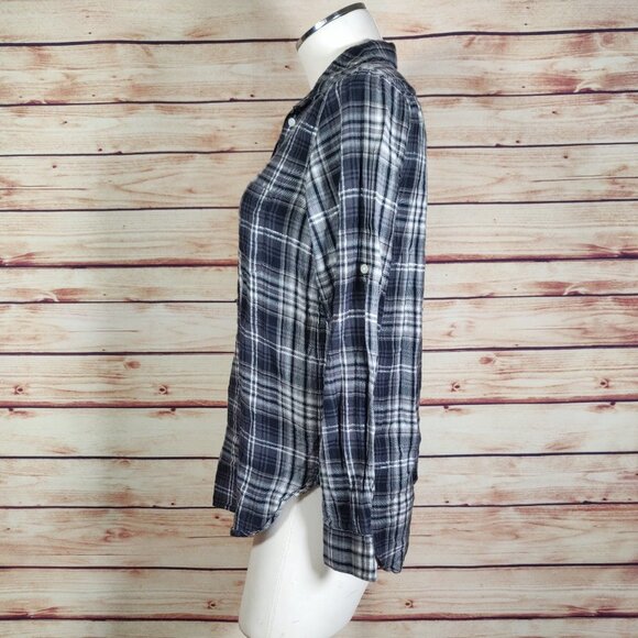 Grey GAP Plaid Flannel Roll Tab 3/4 Sleeve Blouse with Silver Accent Thread - Picture 5 of 11